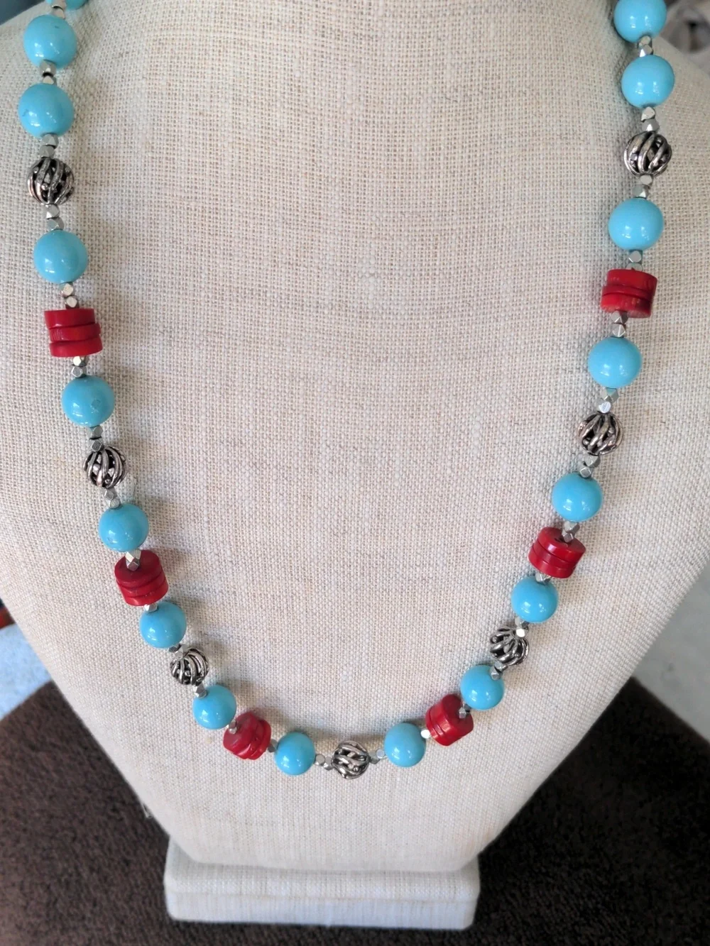 Turquoise Hued Blue & Red Coral  Bead Necklace , 25